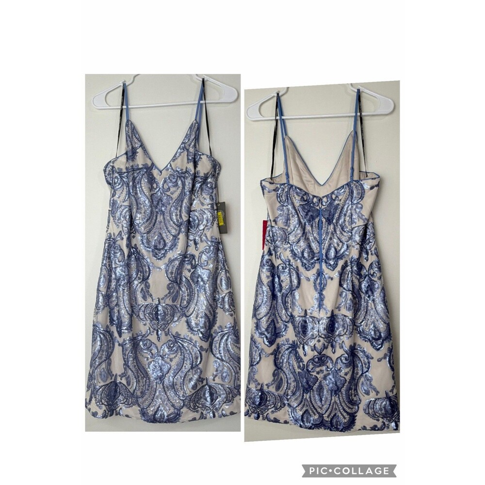 Vince Camuto Mini Cocktail Dress Blue Ivory Sequin NWT Women’s 12